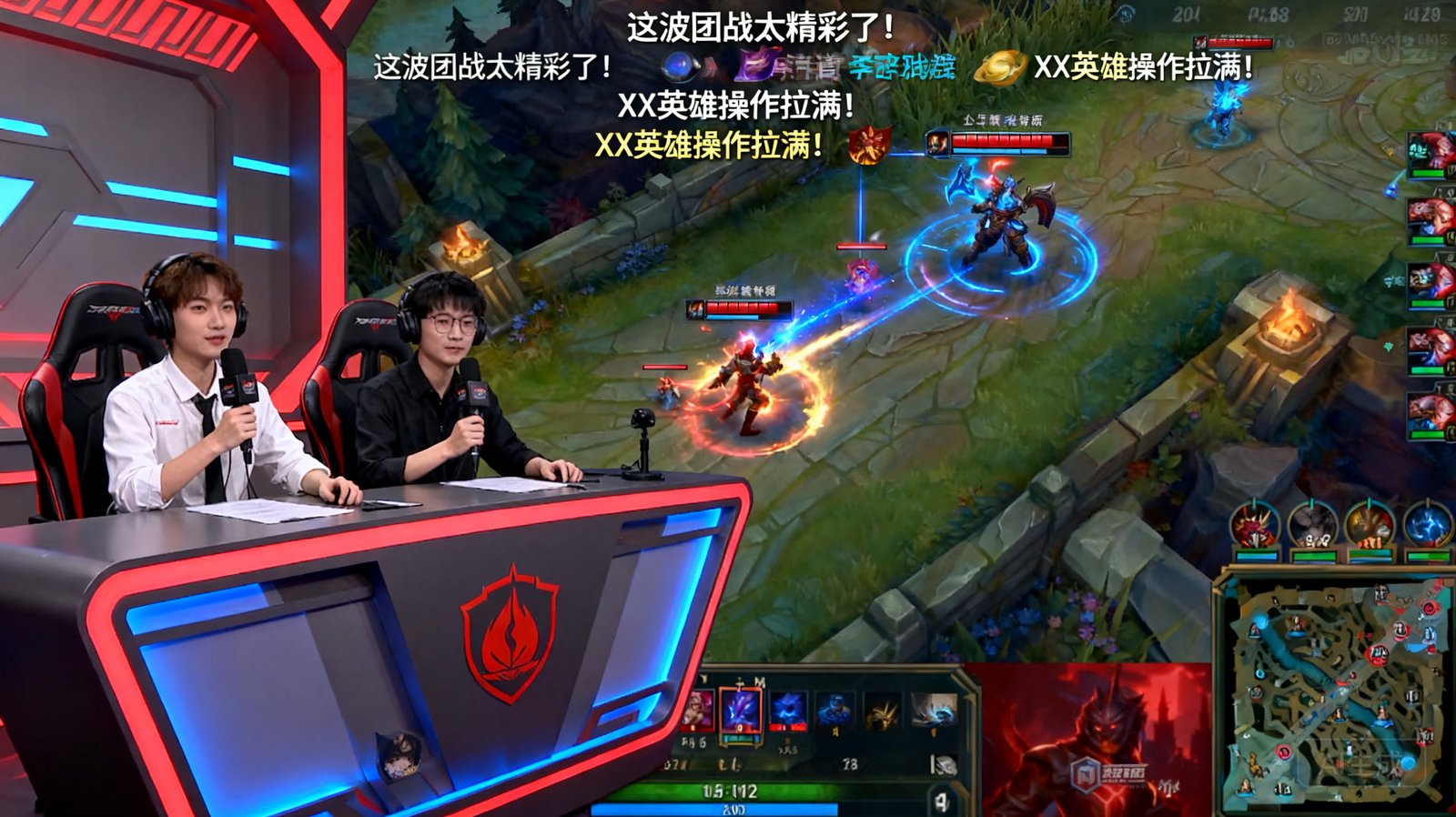 电竞赛事直播画面，英雄联盟比赛实况，解说与弹幕互动场景